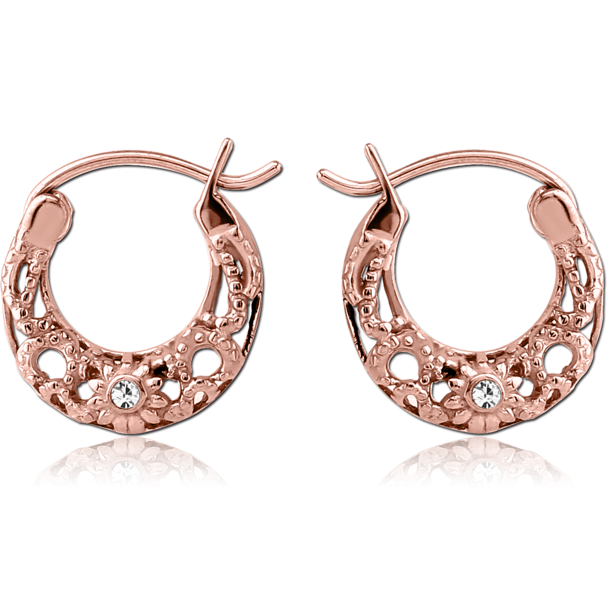 ROSE GOLD PVD COATED SURGICAL STEEL JEWELED HOOP EARRINGS