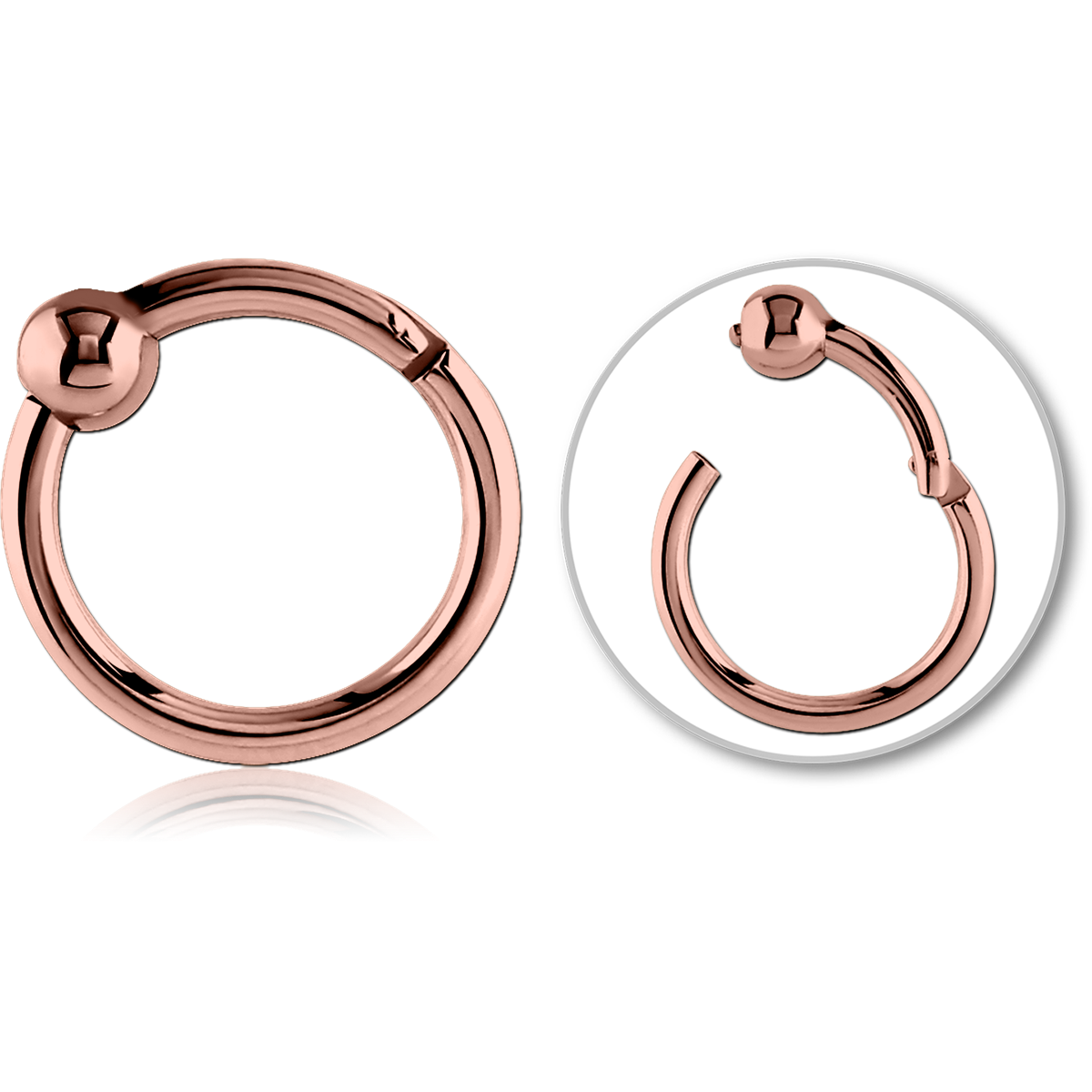 ROSE GOLD PVD COATED SURGICAL STEEL HINGED SEGMENT RING WITH BALL