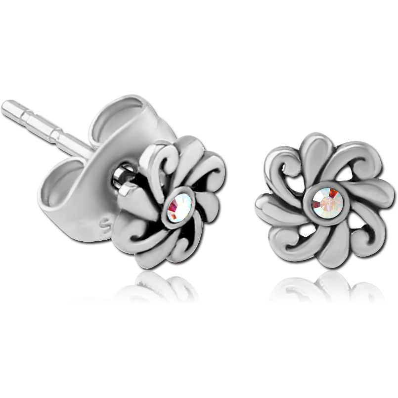 SURGICAL STEEL JEWELED EAR STUDS PAIR FILIGREE SCES625