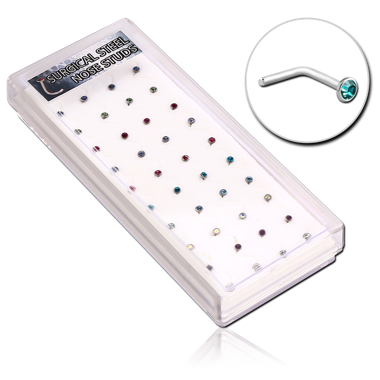 BOX OF SURGICAL STEEL JEWELED 90 DEGREE NOSE STUDS