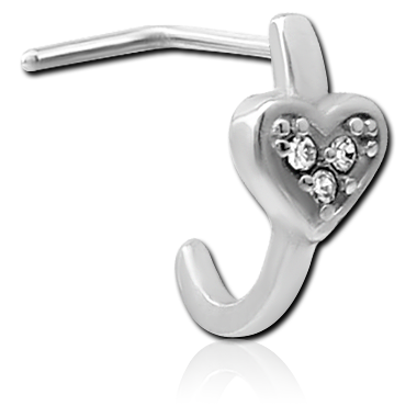 SURGICAL STEEL 90 DEGREE JEWELED WRAP AROUND NOSE STUD - THIN BAR HEART