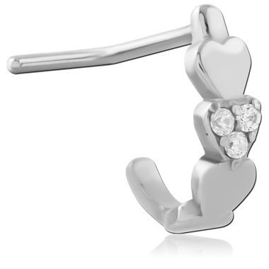 316L SURGICAL STEEL 90 DEGREE NOSE STUD TRIPLE HEART GEM CLUSTER
