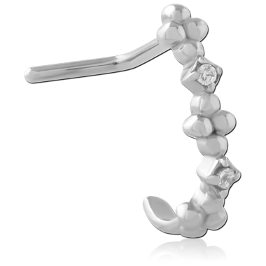 316L SURGICAL STEEL 90 DEGREE NOSE STUD BEADED CURVE WITH GEMS