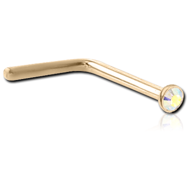 STERILE ZIRCON GOLD PVD COATED SURGICAL STEEL PREMIUM CRYSTAL JEWELED 90 DEGREE NOSE STUD