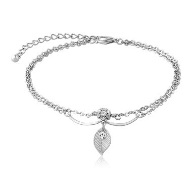 RHODIUM PLATED BRASS ANKLET DOUBLE CHAIN WITH LEAF AND CRYSTAL CHARM