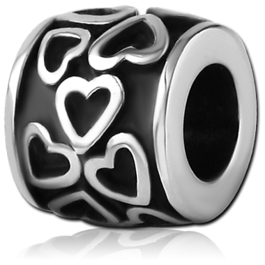 SURGICAL STEEL BEAD HEARTS PATTERN BLACK DETAILING LARGE HOLE 5.0-5.2 MM