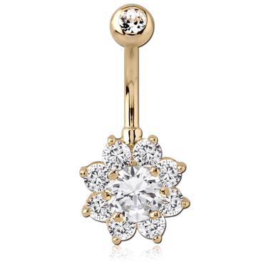 18K GOLD FLOWER MULTI CZ NAVEL BANANA WITH JEWELED TOP BALL