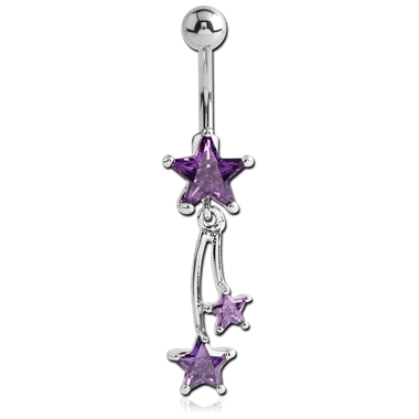 RHODIUM PLATED BRASS JEWELED SHOOTING STAR DANGLE NAVEL BANANA