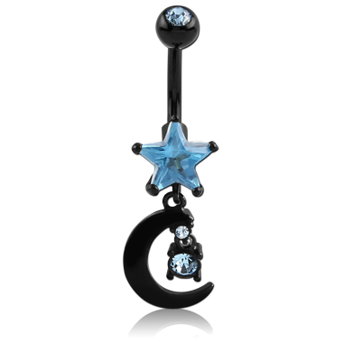 BLACK PVD COATED DOUBLE JEWELED STAR FASHION NAVEL BANANA WITH MOON CHARM