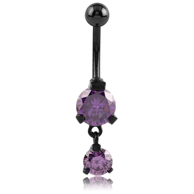 BLACK PVD COATED SURGICAL STEEL DOUBLE ROUND CZ JEWELED WITH DANGLING NAVEL BANANA