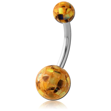 SURGICAL STEEL WITH EPOXY COATED SYNTHETIC MOTHER OF PEARL MOSAIC BALL NAVEL BANANA