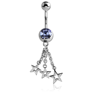 SURGICAL STEEL JEWELED NAVEL BANANA WITH DANGLING CHARM - THREE STARS