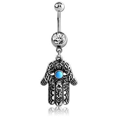 SURGICAL STEEL JEWELED NAVEL BANANA WITH DANGLING CHARM - HAMSA HAND
