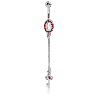 RHODIUM PLATED BRASS JEWELED LOCK NAVEL BANANA WITH DANGLING CHARM - KEY