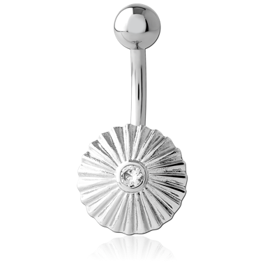 BRASS NAVEL BANANA TEXTURED SUNBURST DISC WITH BEZEL SET CENTER CLEAR GEM