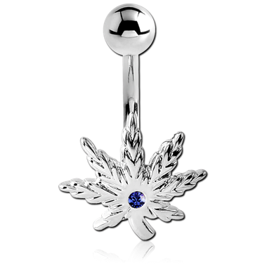 RHODIUM PLATED BRASS JEWELED NAVEL BANANA - MARIJUANA LEAF