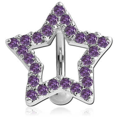 RHODIUM PLATED BRASS JEWELED REVERSE NAVEL BANANA - STAR