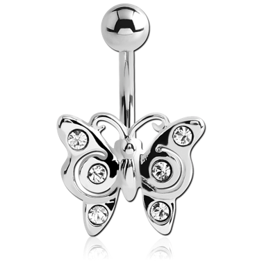 RHODIUM PLATED BRASS JEWELED NAVEL BANANA - BUTTERFLY