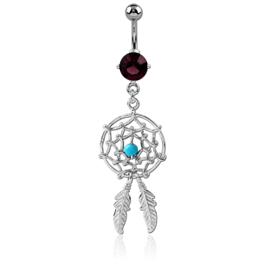 RHODIUM PLATED BRASS JEWELED NAVEL BANANA WITH DANGLING CHARM - DREAMCATCHER FEATHER