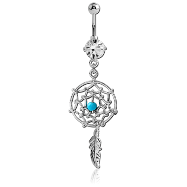 RHODIUM PLATED BRASS JEWELED NAVEL BANANA WITH DANGLING CHARM - DREAMCATCHER FEATHER
