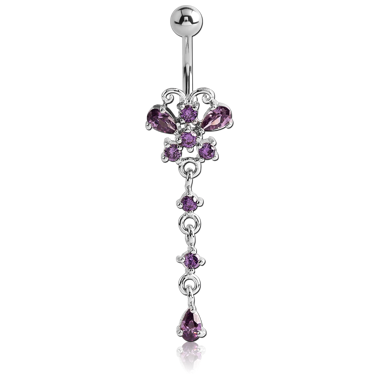 RHODIUM PLATED BRASS JEWELED BUTTERFLY NAVEL BANANA WITH DANGLING CHARM - PEAR