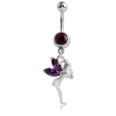 SURGICAL STEEL JEWELED NAVEL BANANA WITH DANGLING CHARM - FAIRY