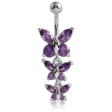 RHODIUM PLATED BRASS JEWELED BUTTERFLY NAVEL BANANA WITH DANGLING CHARM - BUTTERFLY