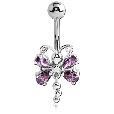 RHODIUM PLATED BRASS JEWELED BUTTERFLY NAVEL BANANA WITH DANGLING CHARM - BALLS