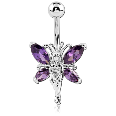 RHODIUM PLATED BRASS JEWELED NAVEL BANANA - FAIRY