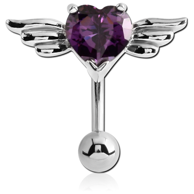 RHODIUM PLATED BRASS JEWELED REVERS NAVEL BANANA - WINGED HEART