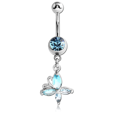 SURGICAL STEEL JEWELED NAVEL BANANA WITH DANGLING CHARM - BUTTERFLY