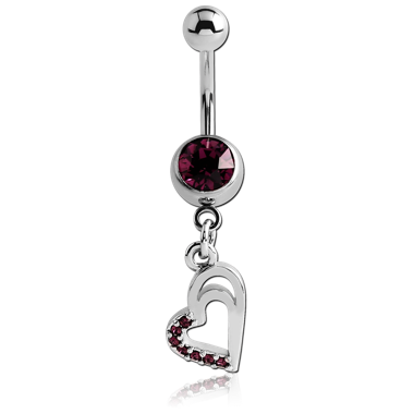 SURGICAL STEEL JEWELED NAVEL BANANA WITH DANGLING CHARM - HEART