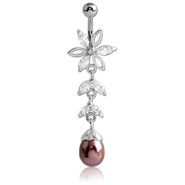 RHODIUM PLATED BRASS JEWELED FLOWER NAVEL BANANA WITH DANGLING CHARM - SYNTHETIC PEARL