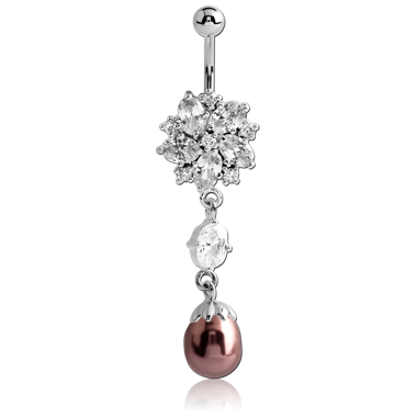 RHODIUM PLATED BRASS SNOWFLAKE JEWELED NAVEL BANANA WITH DANGLING CHARM - SYNTHETIC PEARL