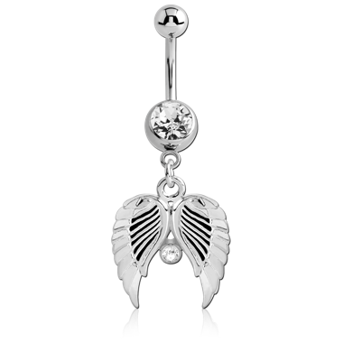 SURGICAL STEEL JEWELED NAVEL BANANA WITH DANGLING CHARM - WINGS