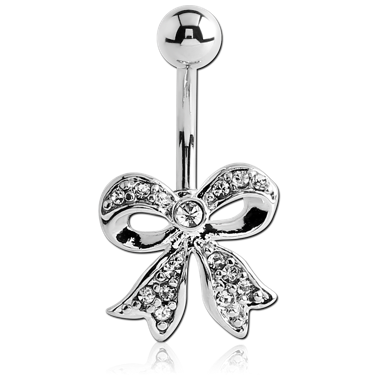 RHODIUM PLATED BRASS VALUE CRYSTALINE JEWELED NAVEL BANANA - BOW