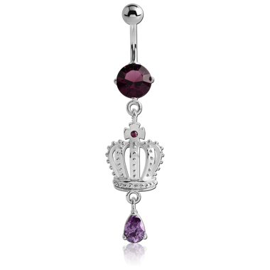 RHODIUM PLATED BRASS JEWELED NAVEL BANANA WITH DANGLING CHARM - CROWN