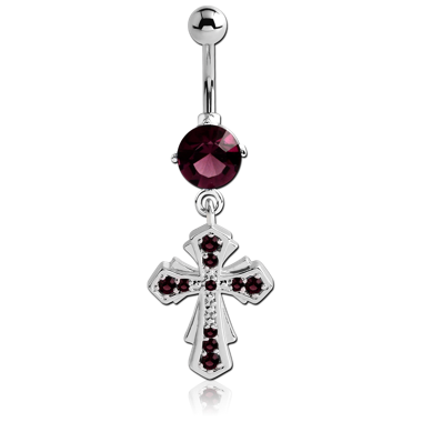 SURGICAL STEEL JEWELED NAVEL BANANA WITH DANGLING CHARM - CROSS