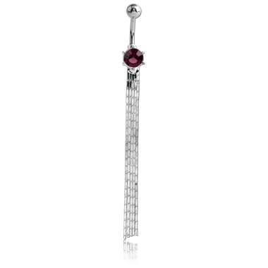 RHODIUM PLATED BRASS PREMIUM CRYSTALS JEWELED NAVEL BANANA WITH DANGLING CHAINS