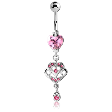 RHODIUM PLATED BRASS HEART JEWELED NAVEL BANANA WITH DANGLING CHARM - HEART AND DROP