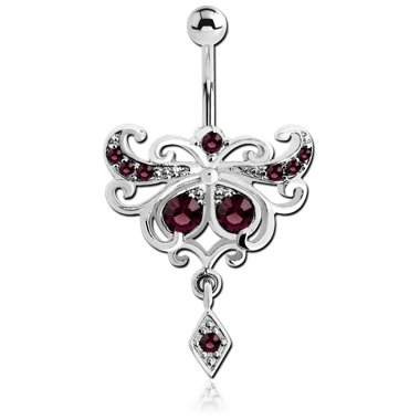 RHODIUM PLATED BRASS TRIBLE JEWELED NAVEL BANANA WITH DANGLING CHARM - RHOMBUS