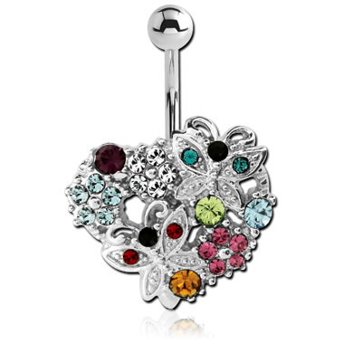 RHODIUM PLATED BRASS JEWELED NAVEL BANANA - HEART WITH BUTTERFLIES