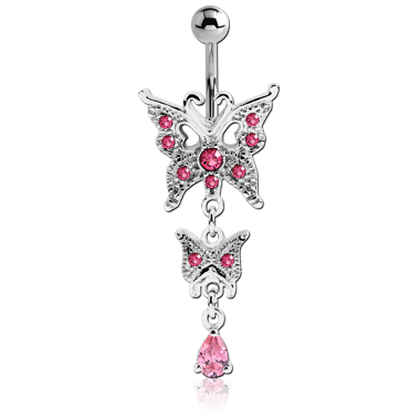 RHODIUM PLATED BRASS JEWELED NAVEL BANANA WITH DANGLING CHARM - BUTTERFLY