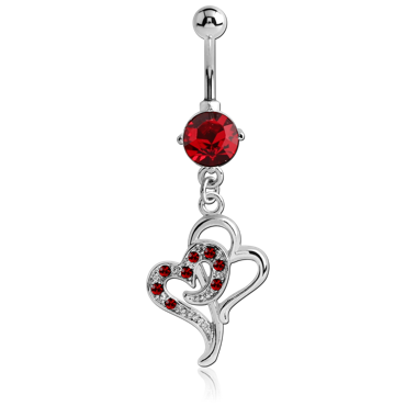 RHODIUM PLATED BRASS JEWELED NAVEL BANANA WITH DANGLING CHARM - DOUBLE HEART