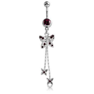 SURGICAL STEEL JEWELED NAVEL BANANA WITH DANGLING CHARM - BUTTERFLY