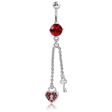 RHODIUM PLATED BRASS JEWELED NAVEL BANANA WITH DANGLING CHARM - HEART LOCK KEY