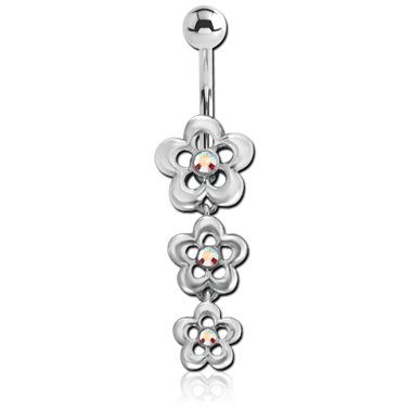 RHODIUM PLATED JEWELED FLOWER DANGLE NAVEL BANANA