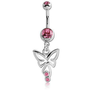 SURGICAL STEEL DOUBLE JEWELED NAVEL BANANA WITH BUTTERFLY CHARM