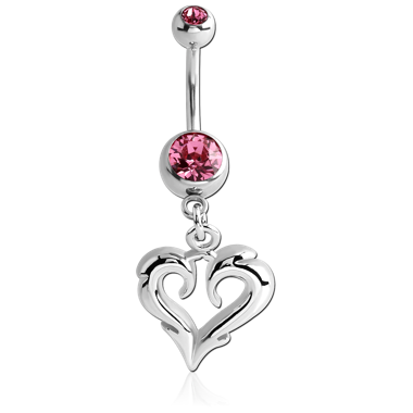 SURGICAL STEEL DOUBLE JEWELED NAVEL BANANA WITH OPEN HEART CHARM