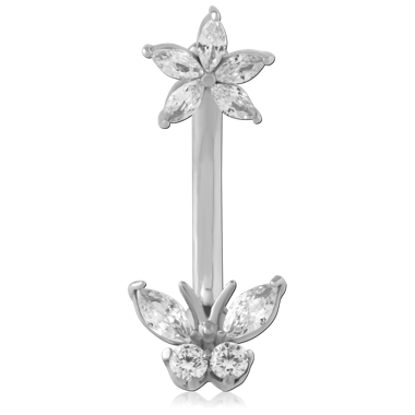 316L SURGICAL STEEL NAVEL BANANA MARQUISE CLUSTER FLOWER AND LEAF GEMS